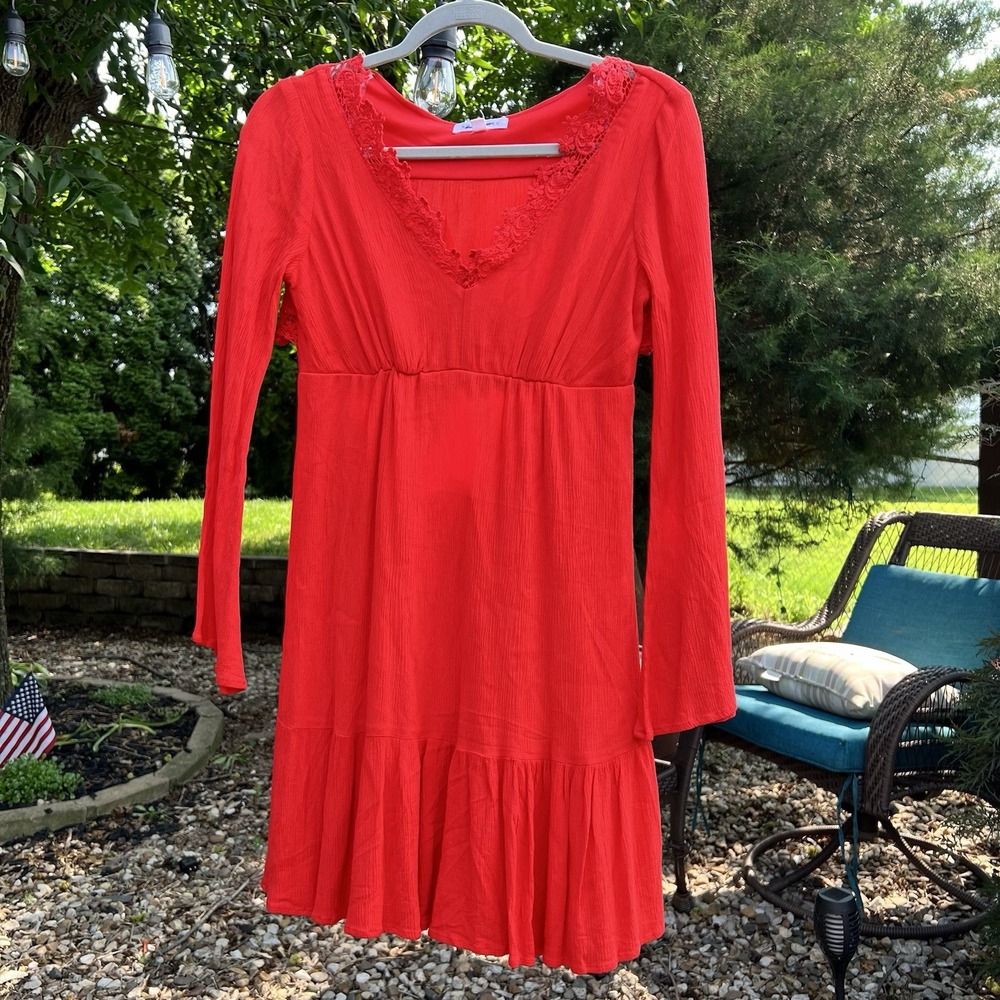 Socialite Red Boho Mini Dress Small‎ – Long Sleeve Lace V-Neck Open Back EUC